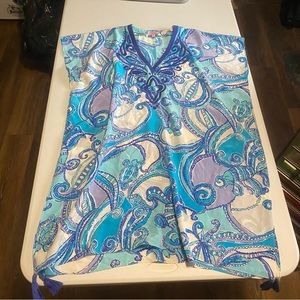Lilly Pulitzer Sydney Caftan Top Cover-up Test the Water Tassels Silk Women L/XL